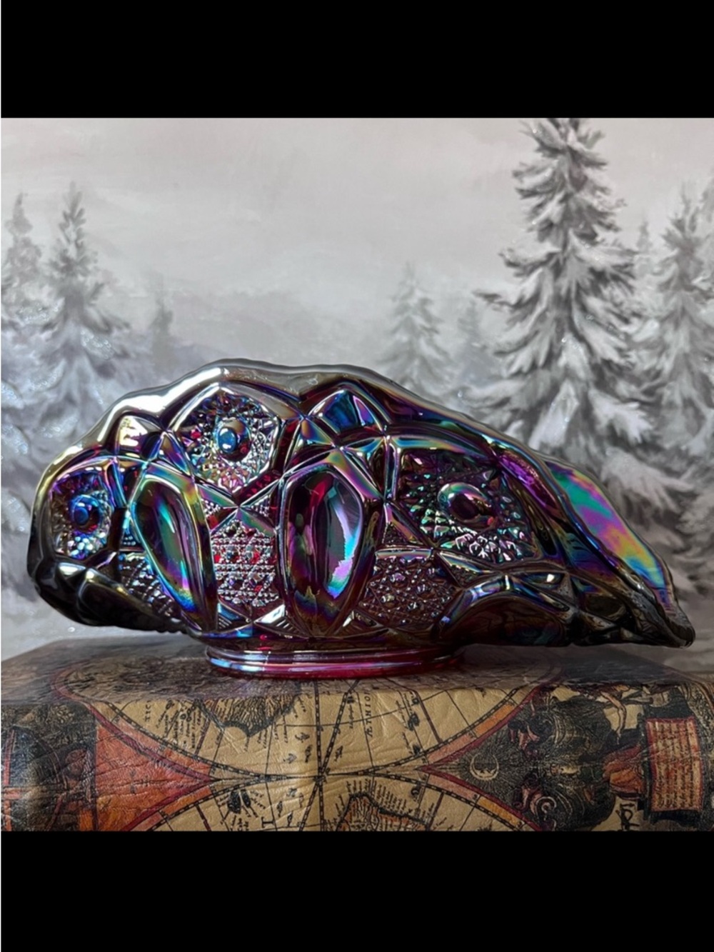 Vintage Amethyst Carnival Glass Shell Bowl | Iridescent Ruffled Centerpiece